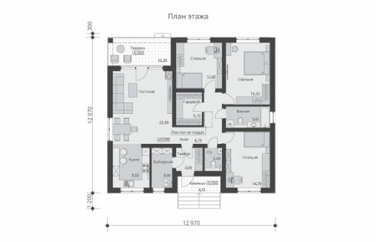 Одноэтажный дом тремя спальнями, террасой и камином